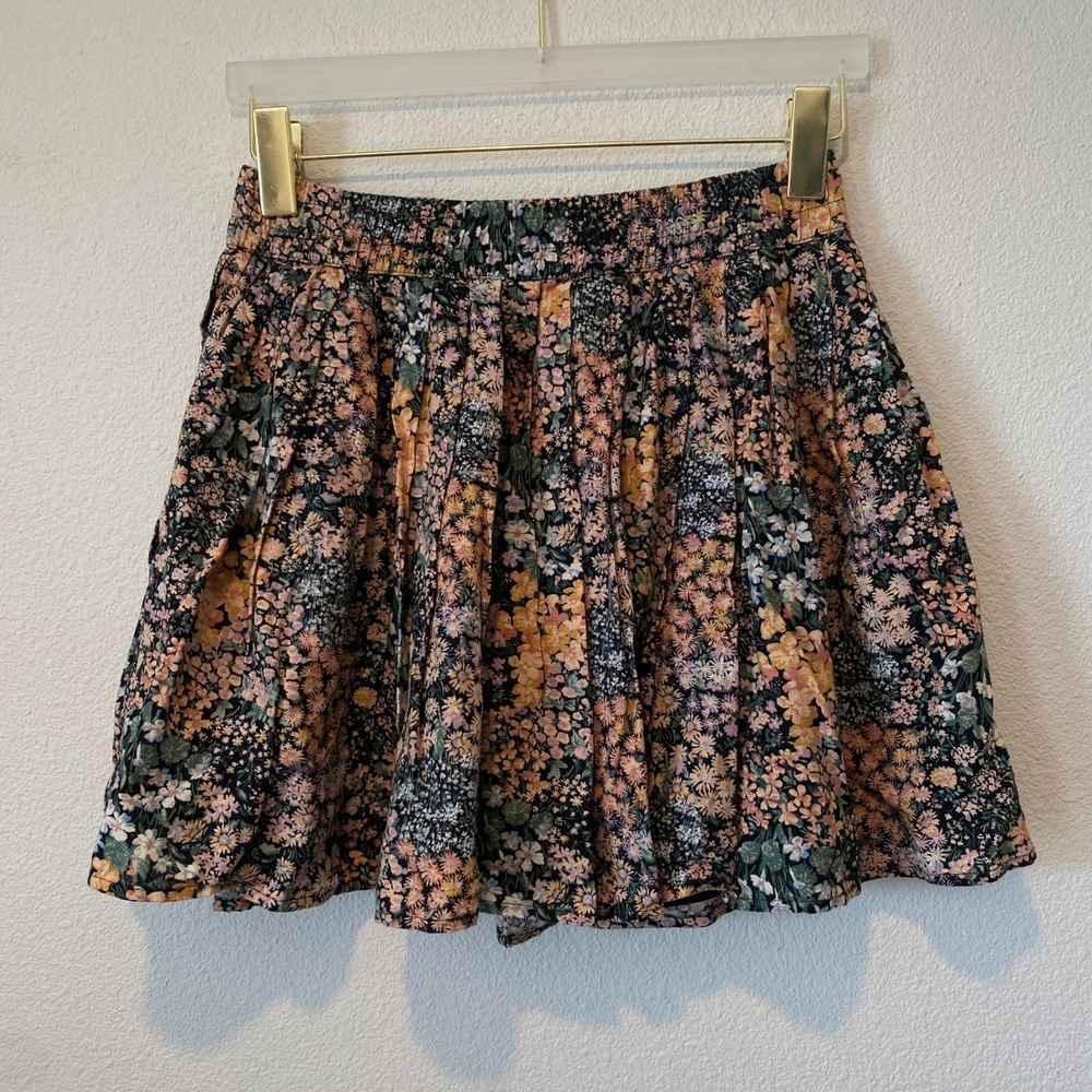 Floral Mini Skirt Black Pink Yellow Print Elastic‎ Waist Casual Cute